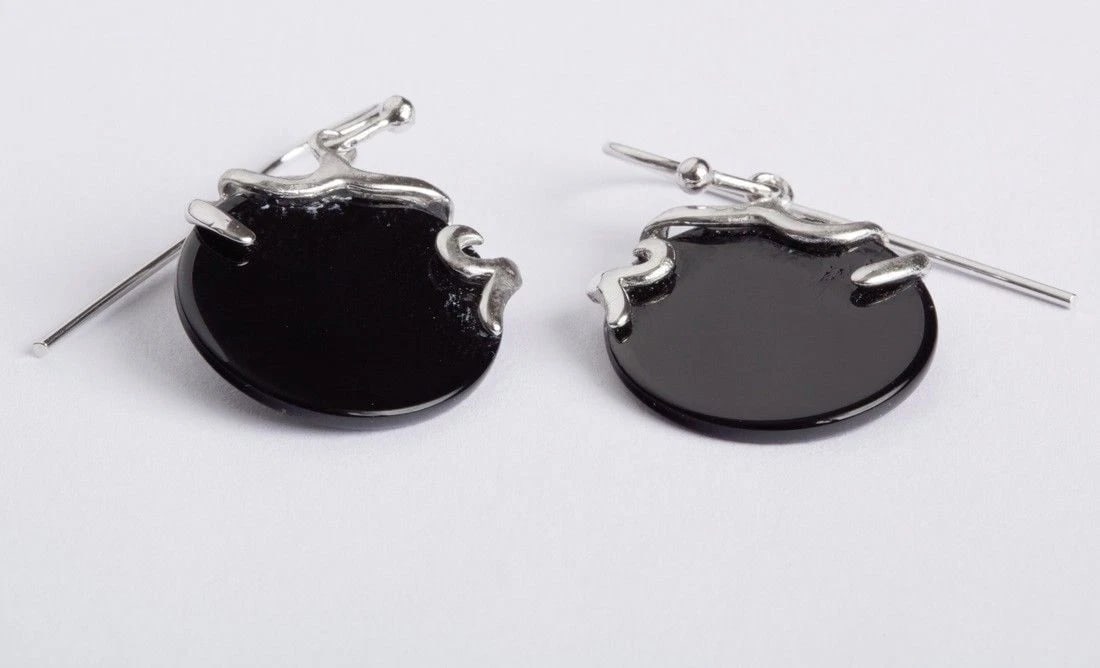 Sterling Silver Oval Black Onyx Disc Earrings - 3