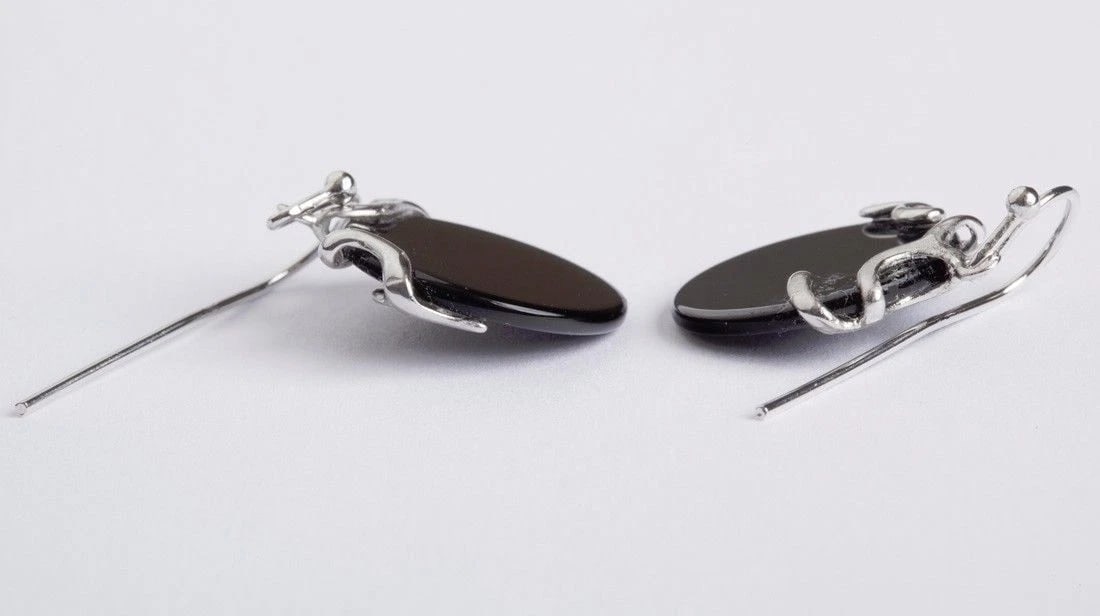 Sterling Silver Oval Black Onyx Disc Earrings - 5