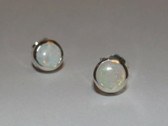 Sterling Silver Opal Cabochon Bezel Set Earrings Birthstone October - 2