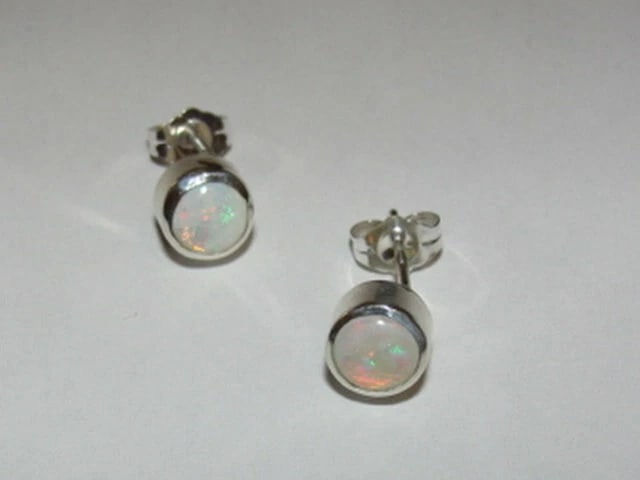 Sterling Silver Opal Cabochon Bezel Set Earrings Birthstone October - 4
