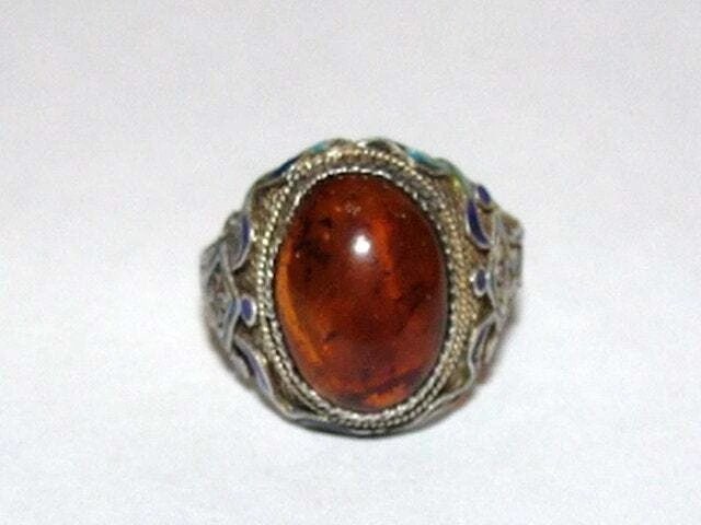 Chinese Sterling Silver Filigree Enamel Baltic Amber Cabochon Ring - 2