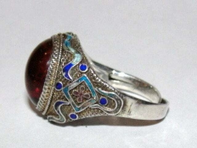 Chinese Sterling Silver Filigree Enamel Baltic Amber Cabochon Ring - 3