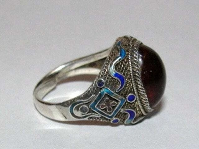 Chinese Sterling Silver Filigree Enamel Baltic Amber Cabochon Ring - 6