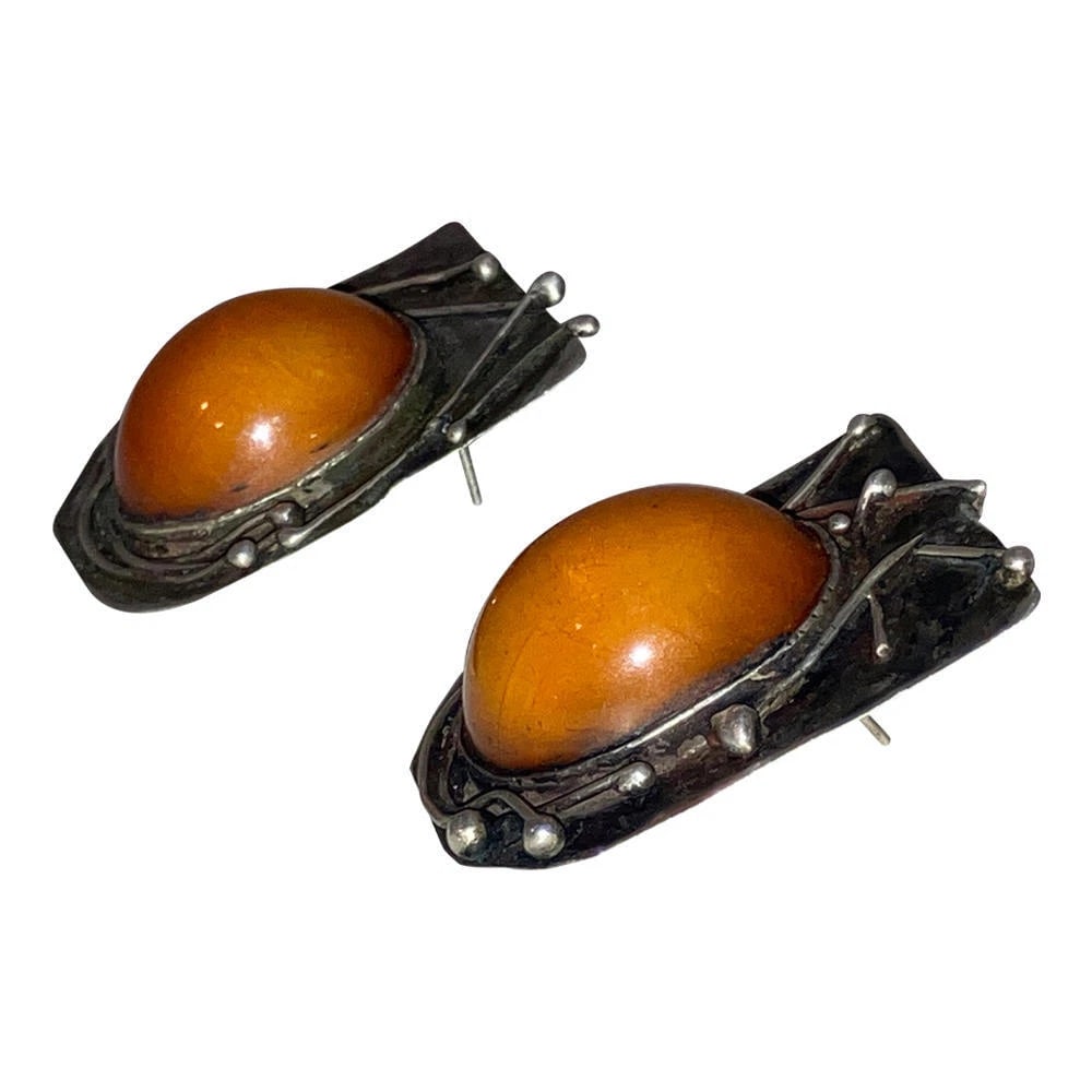 Sterling Silver Abstract Butterscotch Amber Earrings - 3