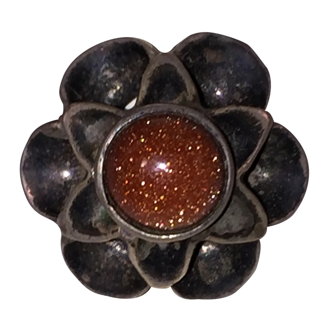 Art Deco Sterling Silver Orange Goldstone Petal Dome Ring with Patina - 2