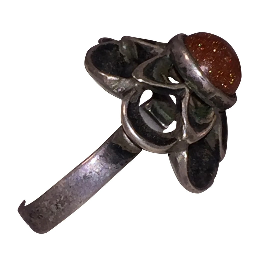 Art Deco Sterling Silver Orange Goldstone Petal Dome Ring with Patina - 3