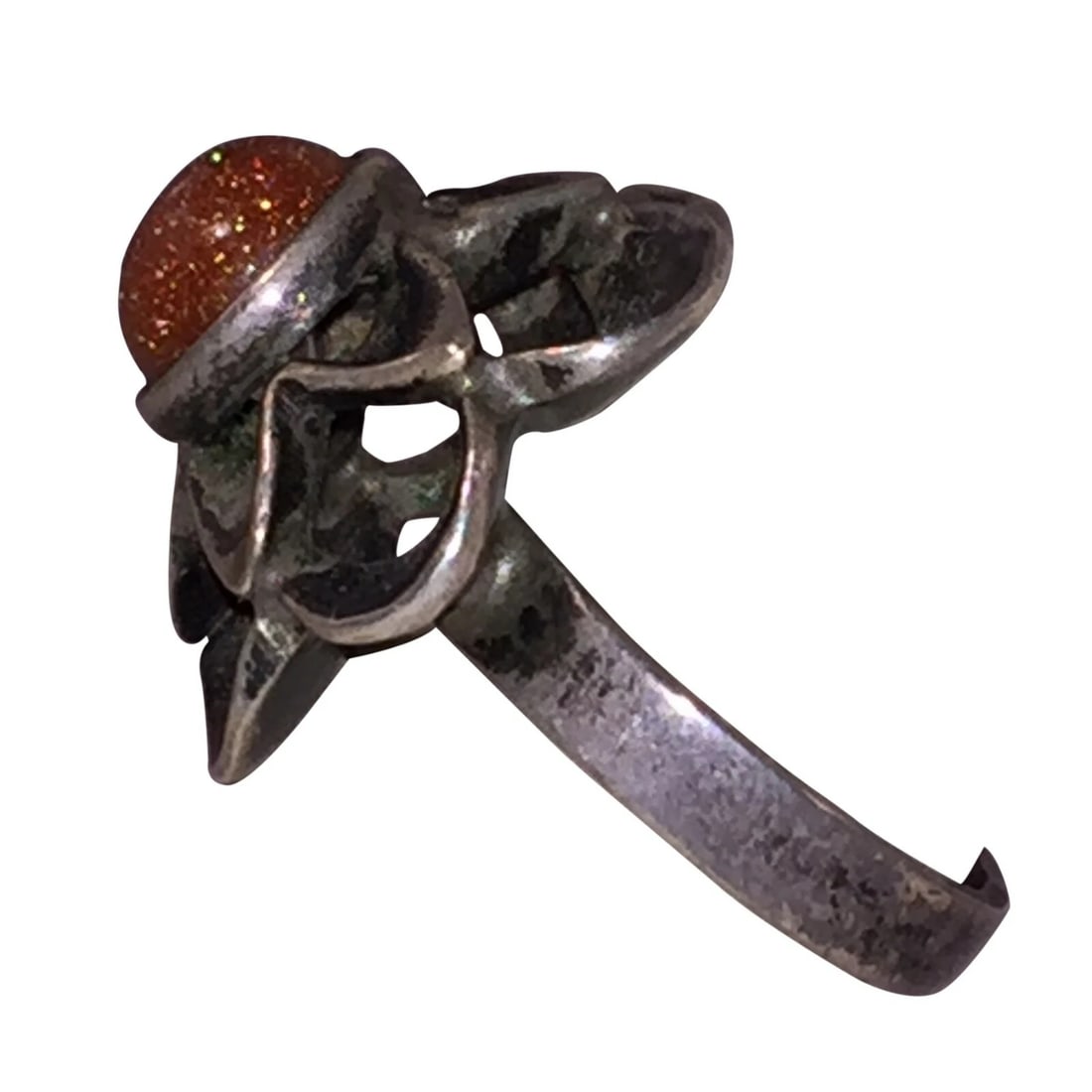 Art Deco Sterling Silver Orange Goldstone Petal Dome Ring with Patina - 4