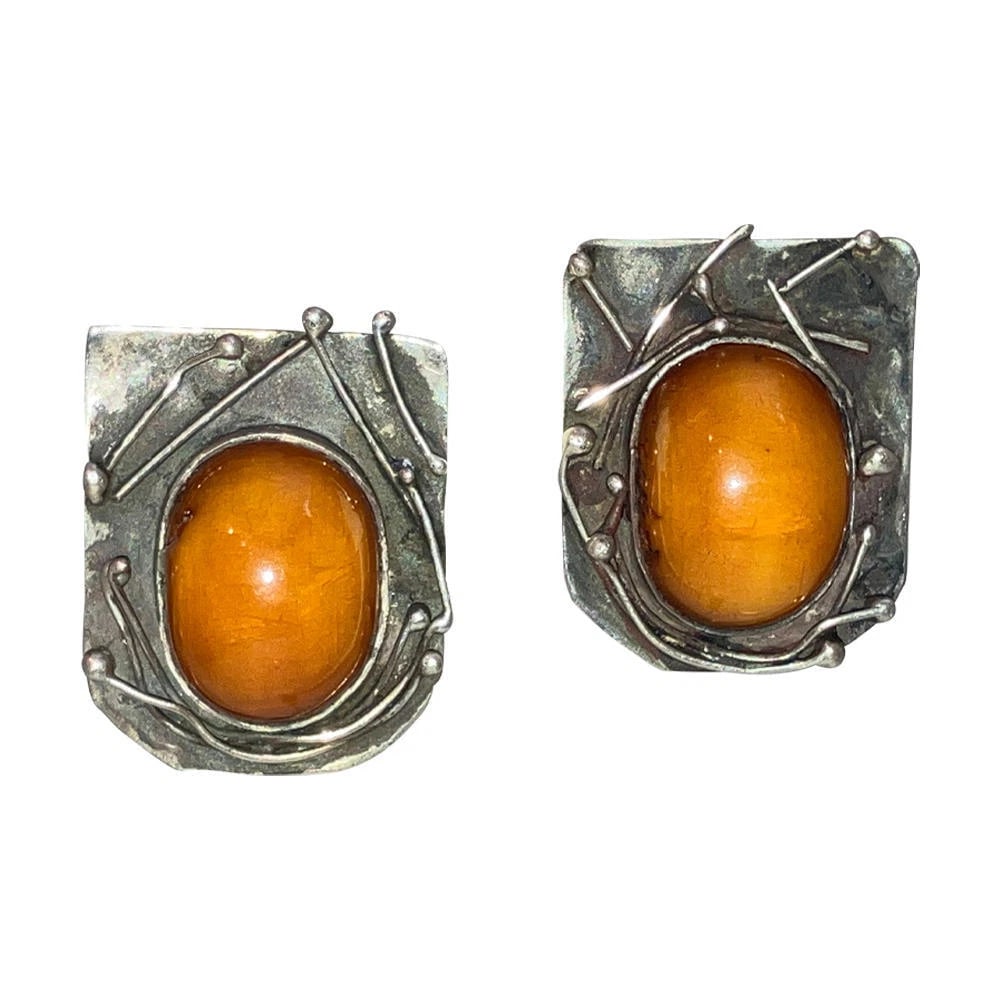 Sterling Silver Abstract Butterscotch Amber Earrings - 2
