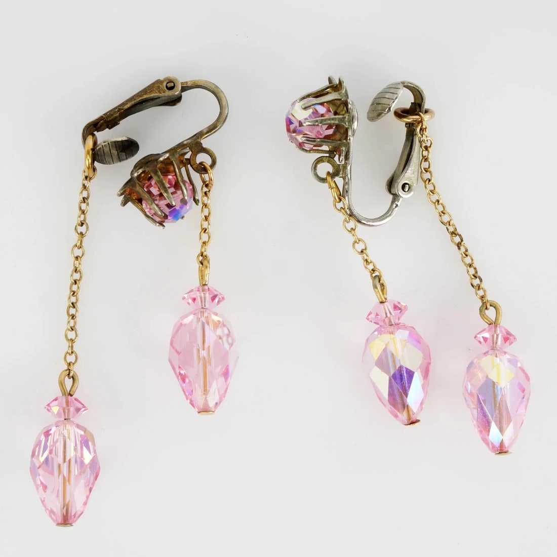 1960s Pink Rhinestone Dangle Chain Earrings - 2