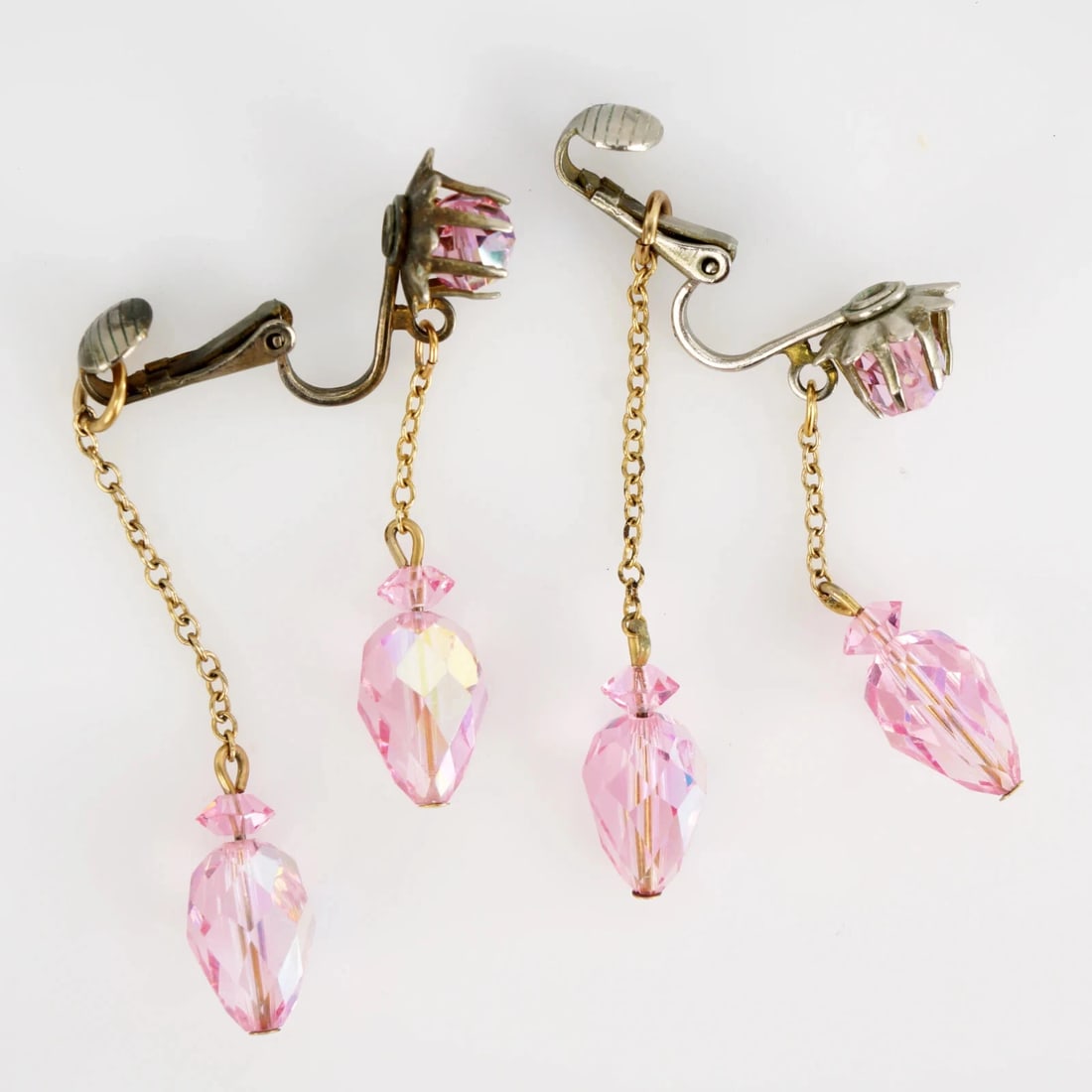 1960s Pink Rhinestone Dangle Chain Earrings - 4
