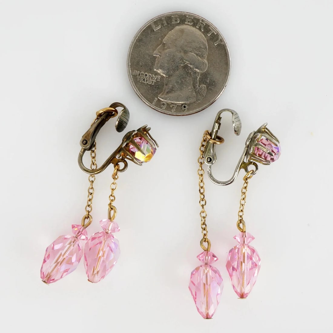 1960s Pink Rhinestone Dangle Chain Earrings - 5