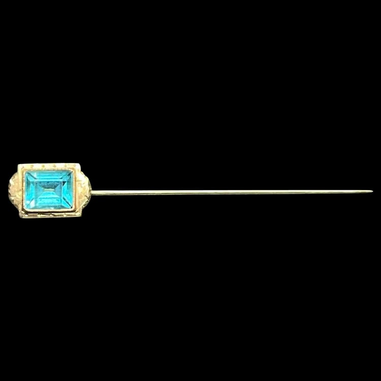Vintage Blue Cut Glass 10K Gold Stickpin: Title: Vintage Blue Cut Glass 10K Gold Stickpin Description: Vintage Blue Cut Glass 10K Gold Stickpin 10k Gold Weighs 1.4 gram Measures 2.25 x .25 inches Date/Period: Vintage Materials: 10k Gold
