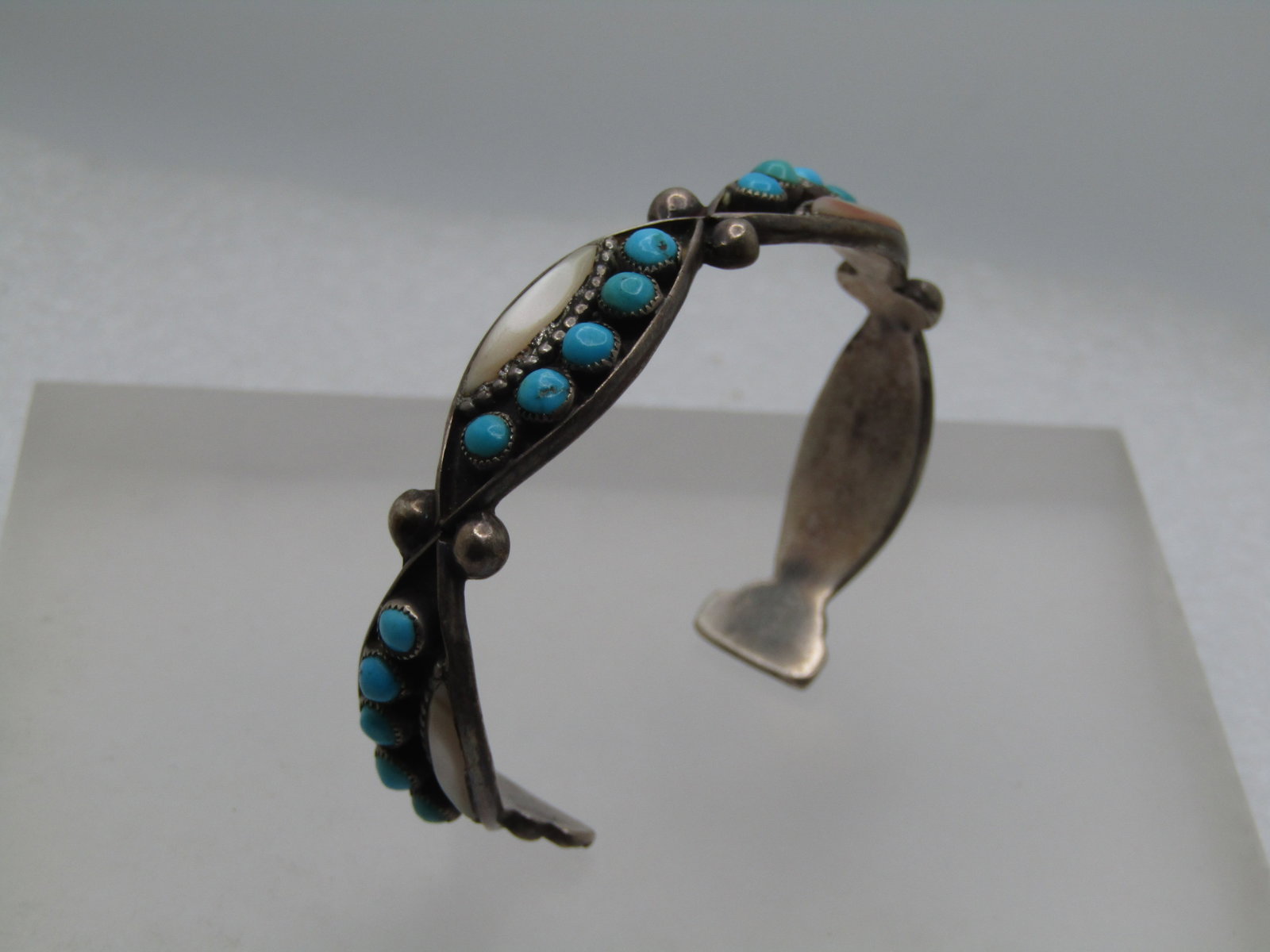 Vintage Sterling Southwestern Turquoise Cuff Bracelet, With MOP, 6", 1960's-1970's - 5