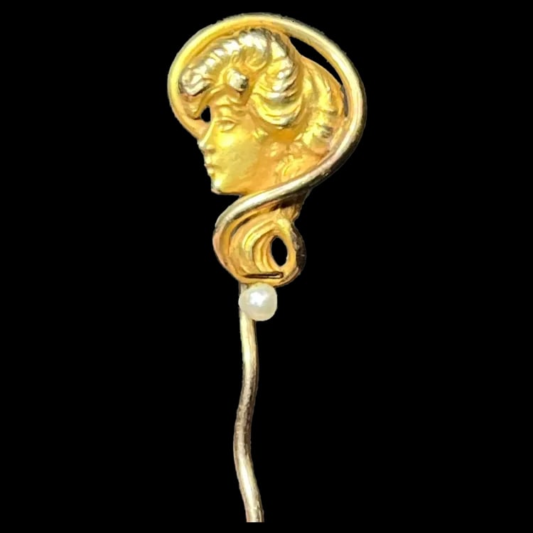 Vintage Woman's Profile 10k Gold Stickpin: Title: Vintage Woman's Profile 10k Gold Stickpin Description: Vintage Woman's Profile 10k Gold Stickpin with Seed Pearl Weighs 1 gram Measures 2 x .25 Date/Period: Vintage Materials: 10k Gold, Seed Pe