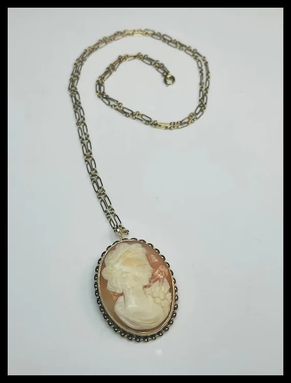 Vintage Shell Cameo Pendant/ Brooch on 12k Gold Chain - 2