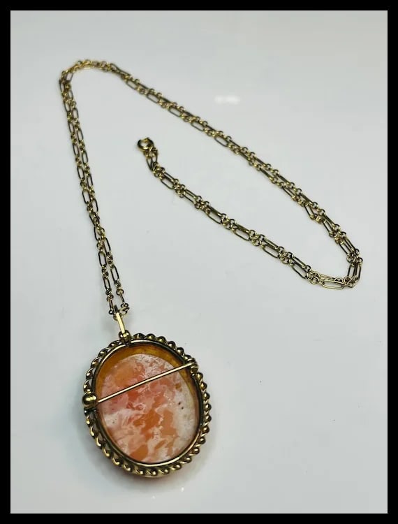 Vintage Shell Cameo Pendant/ Brooch on 12k Gold Chain - 7