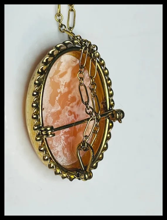 Vintage Shell Cameo Pendant/ Brooch on 12k Gold Chain - 8