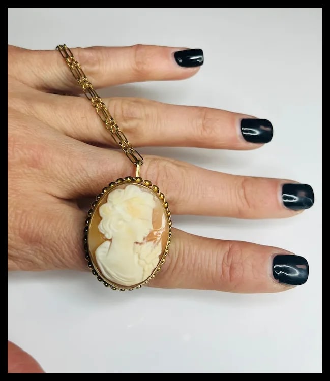Vintage Shell Cameo Pendant/ Brooch on 12k Gold Chain - 9