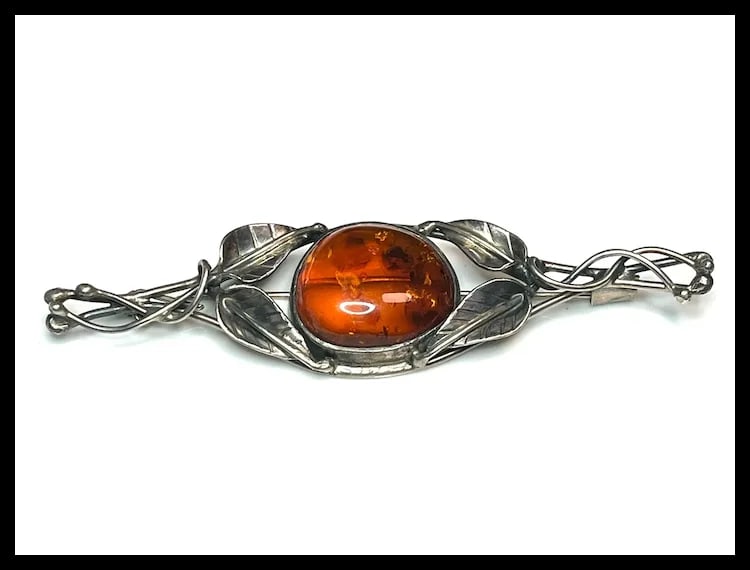 Estate Sterling Silver and Amber Brooch - 2