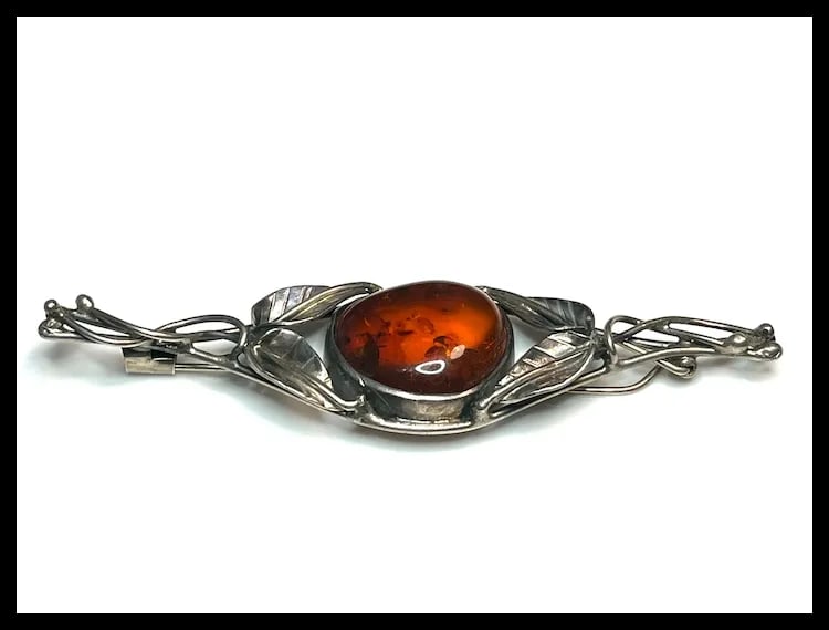 Estate Sterling Silver and Amber Brooch - 3