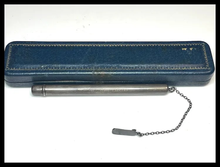 Vintage Sterling Silver Engraved Thermometer Case on Chain with Brooch - 2