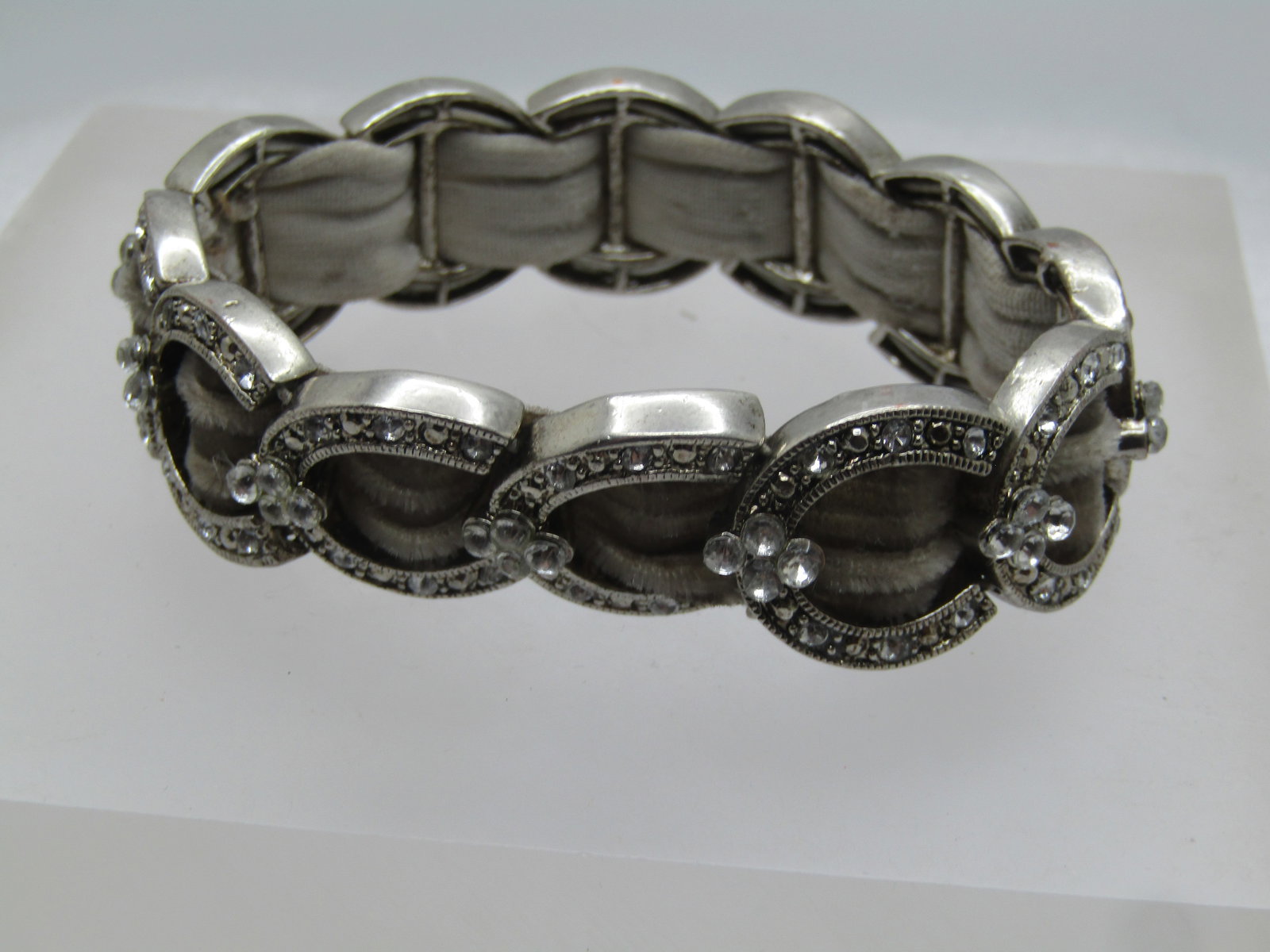 Vintage Clear CZ & Gray Velvet Stretch Bracelet, 7"+, 1990's - 3