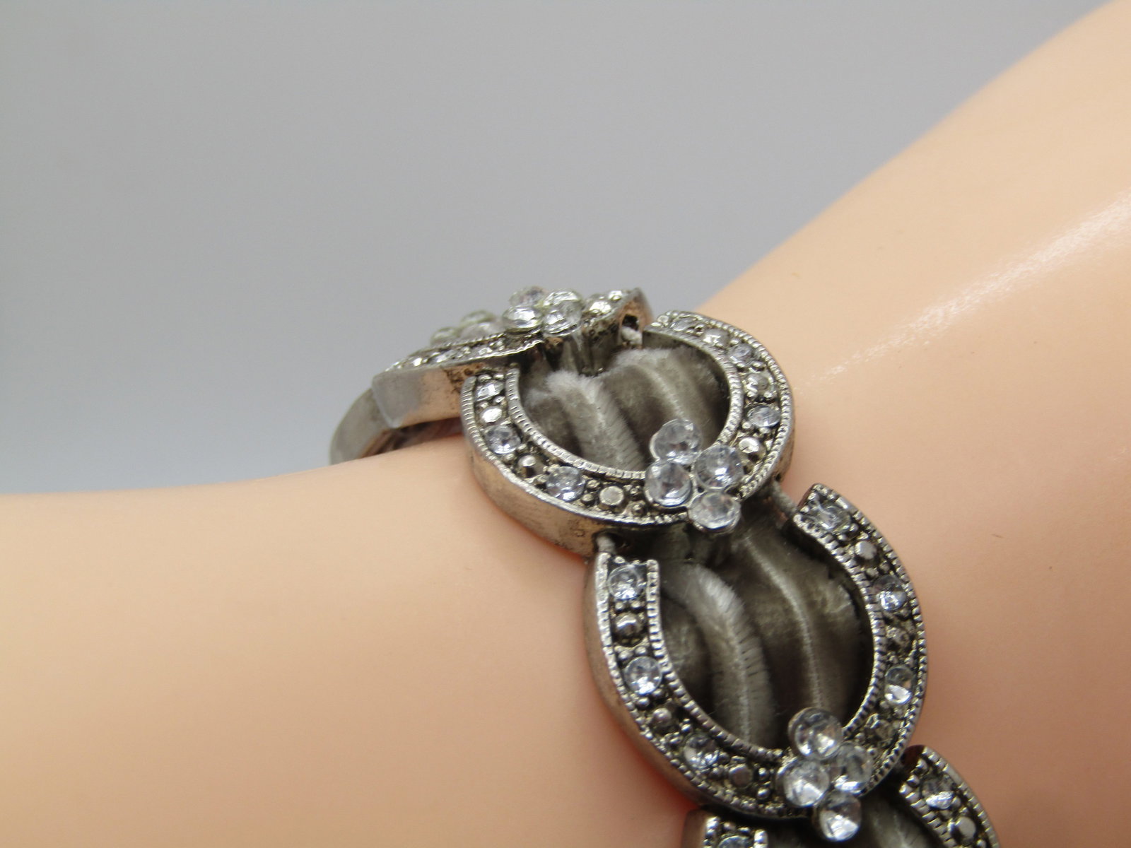 Vintage Clear CZ & Gray Velvet Stretch Bracelet, 7"+, 1990's - 7