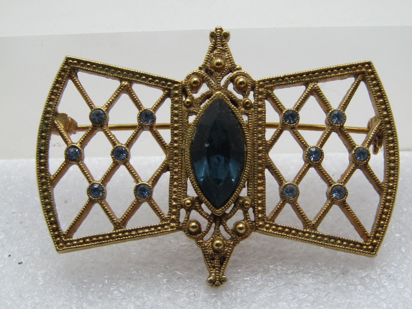 Vintage Blue Rhiinestone Open Grid Brooch, Victorian Themed, 1980's (1 of 4)
