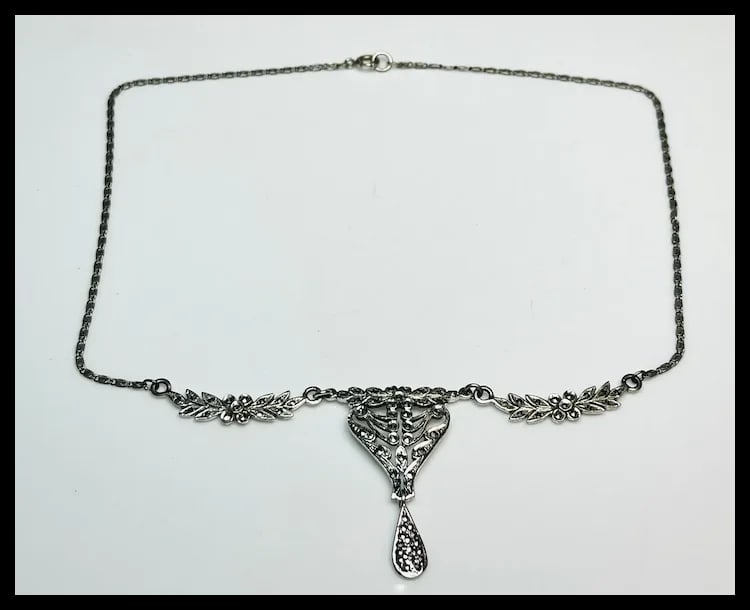 Vintage Art Deco Sterling Silver Marcasite Fancy Link Necklace - 2