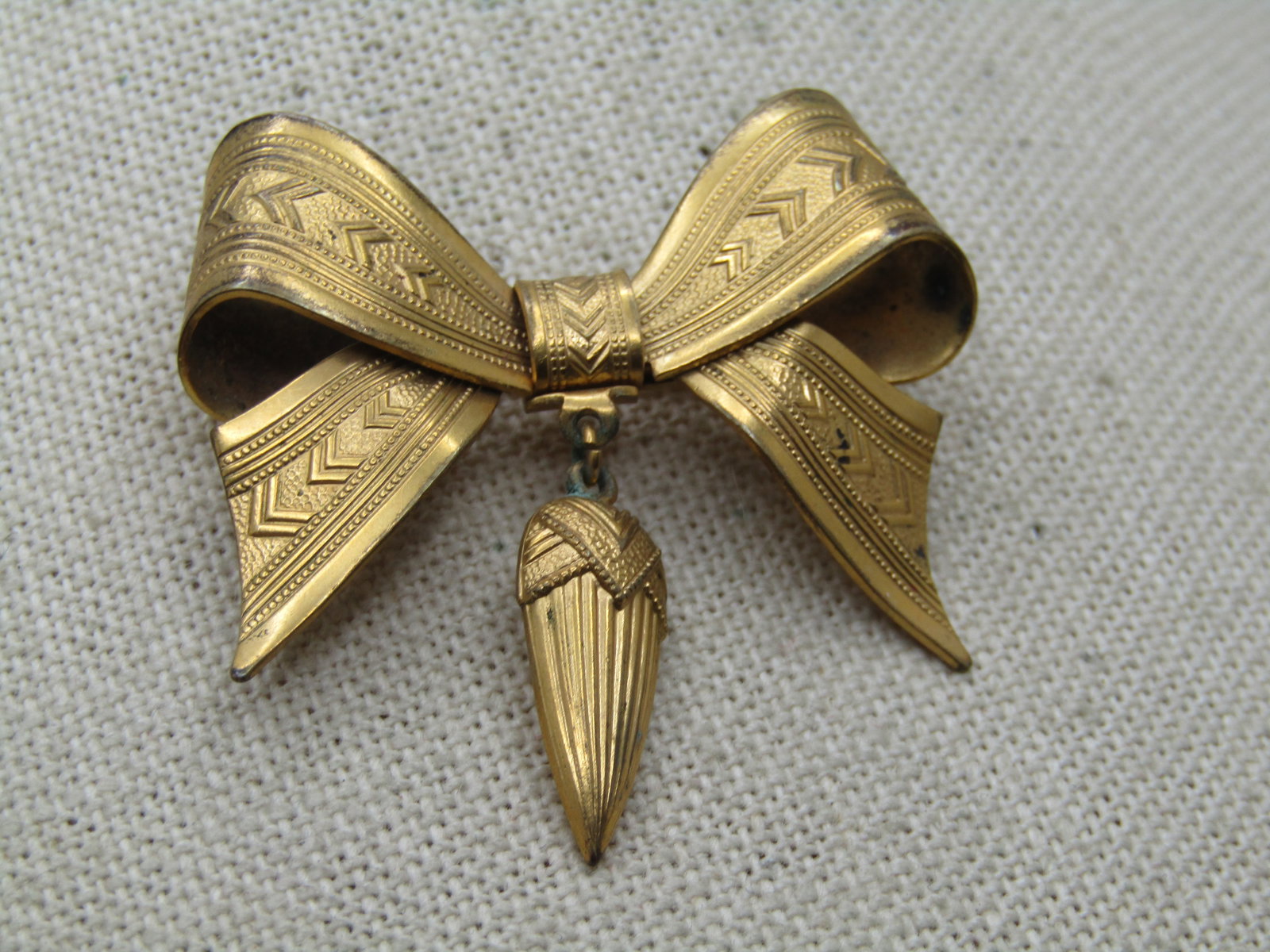 Victorian Bow Brooch with Dangling Fob, C-Clasp, 1800's-1910. - 2