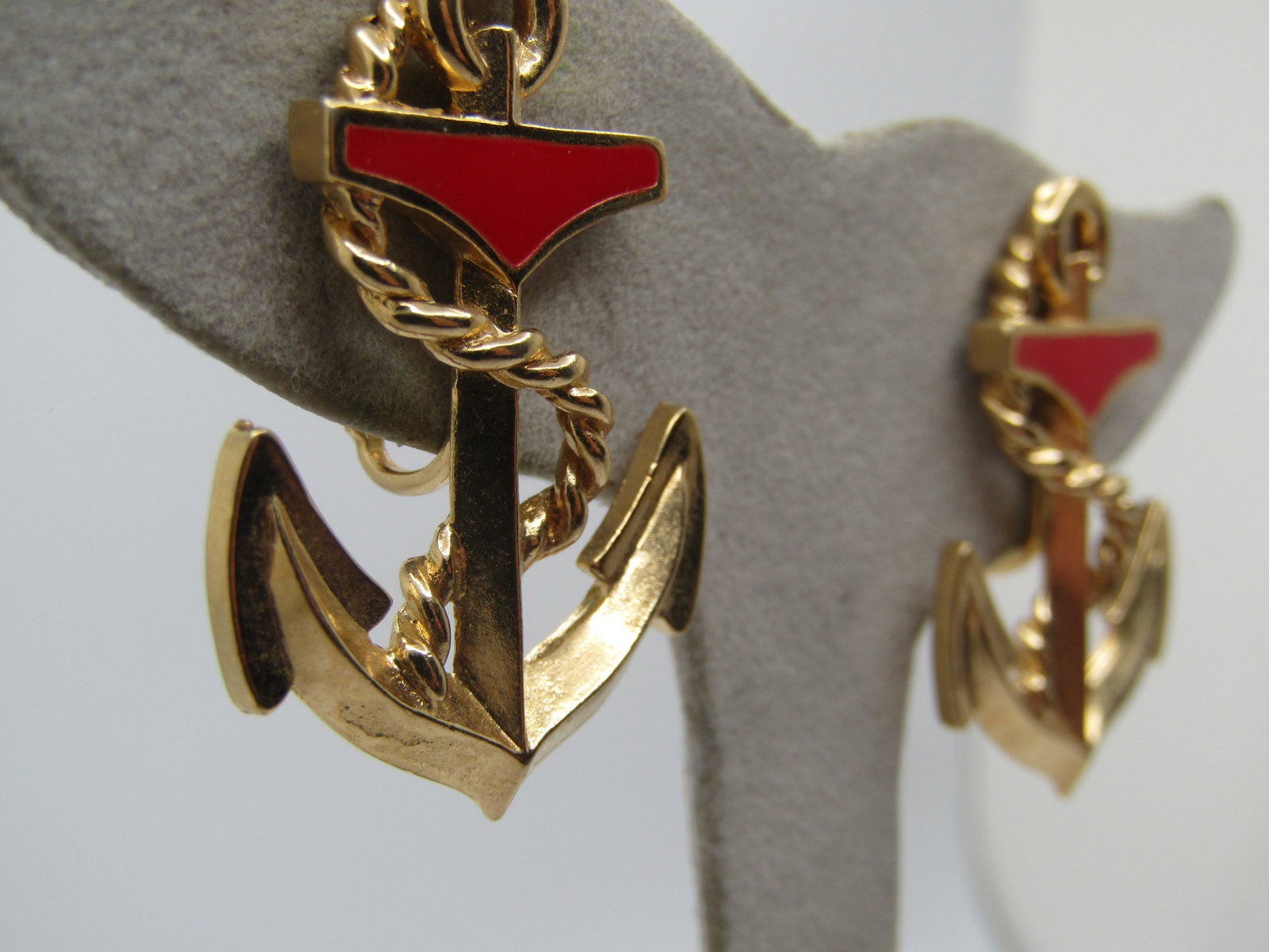 Vintage Red Enameled Anchor Earrings, Clip, 1960's-1970's - 2