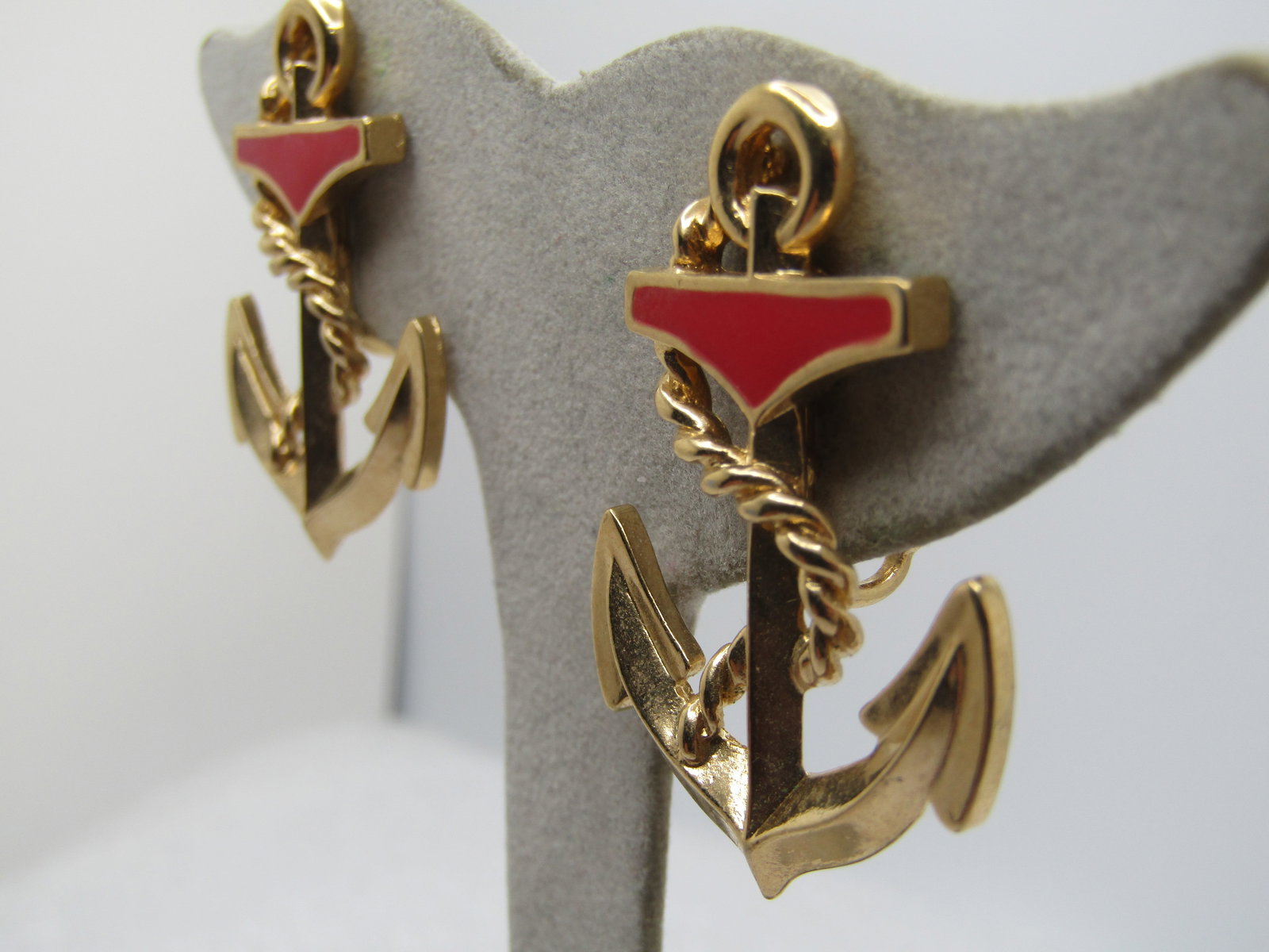 Vintage Red Enameled Anchor Earrings, Clip, 1960's-1970's - 3