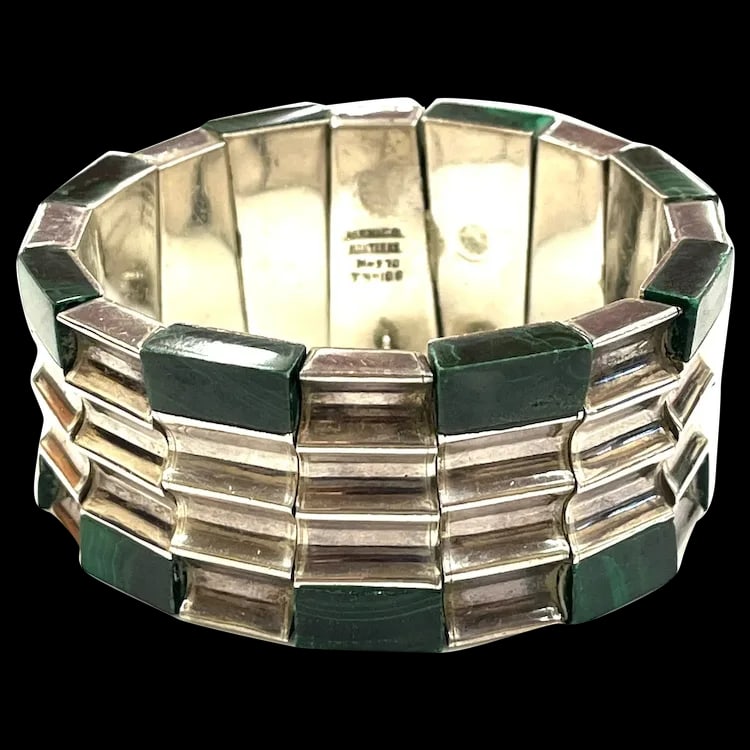 Heavy Vintage Monteros Mexico Sterling Silver & Malachite Bracelet (1 of 9)