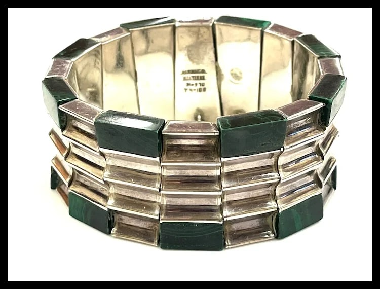 Heavy Vintage Monteros Mexico Sterling Silver & Malachite Bracelet - 2