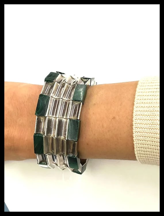 Heavy Vintage Monteros Mexico Sterling Silver & Malachite Bracelet - 7