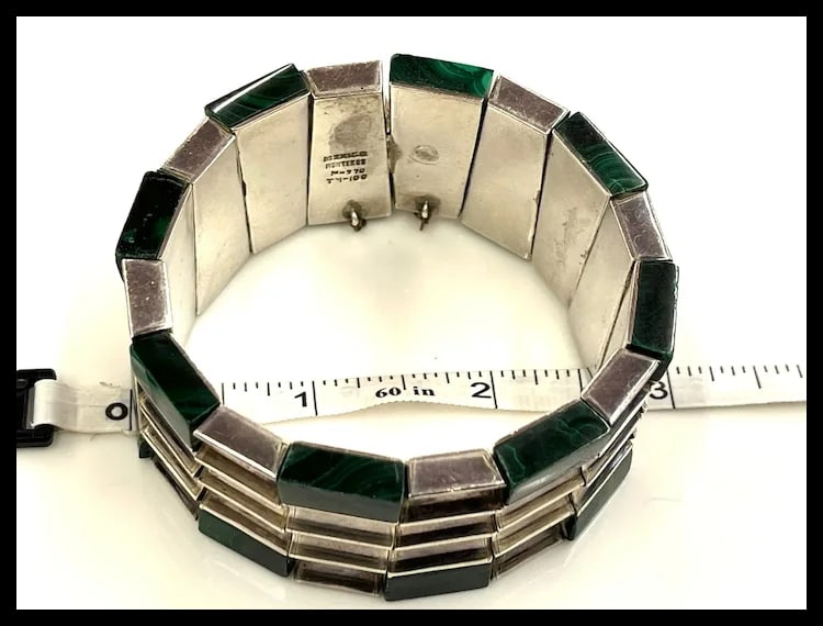 Heavy Vintage Monteros Mexico Sterling Silver & Malachite Bracelet - 8