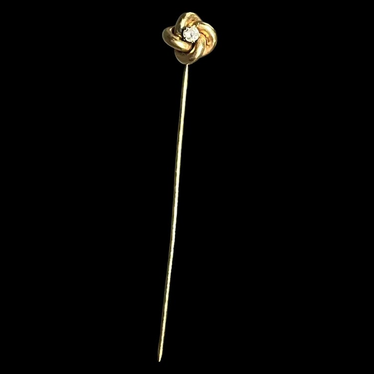 Vintage 10k Gold and Diamond Eternity Stickpin: Title: Vintage 10k Gold and Diamond Eternity Stickpin Description: Vintage 10k Gold and Diamond Eternity Stickpin Hallmarked 10kEuropean Cut DiamondWeighs 1.3 grams Measures 2.5 x .25 inches Date/Peri