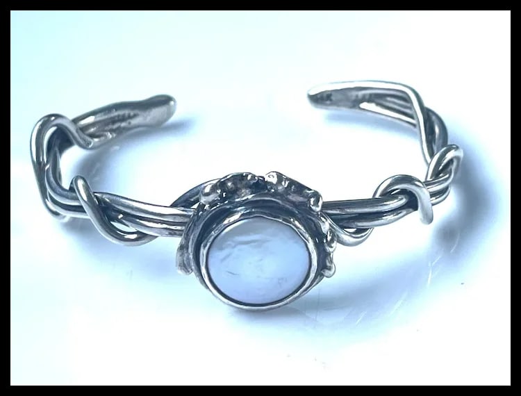 Estate Sterling Silver Wrapped Vine and Pearl Cuff Bracelet - 2