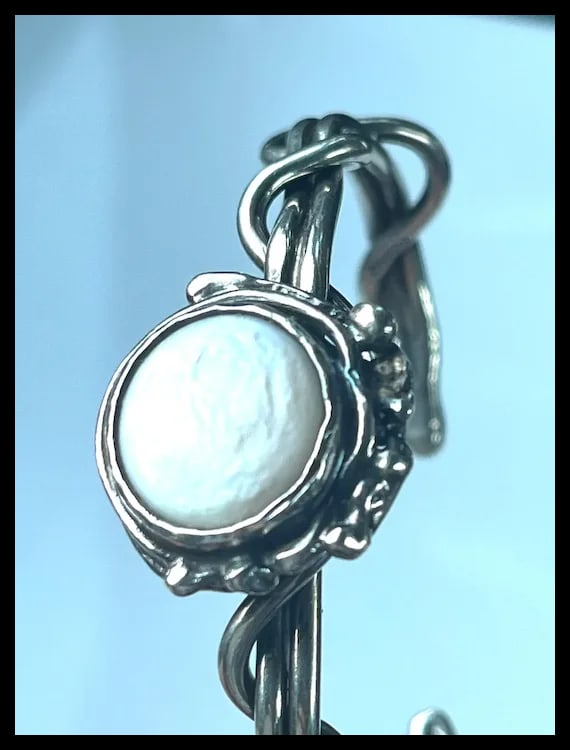 Estate Sterling Silver Wrapped Vine and Pearl Cuff Bracelet - 6