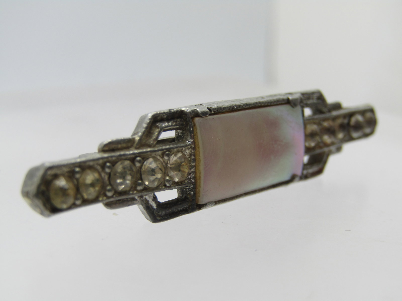 Vintage Cast Metal MOP Rhinestone Brooch, 1920's-1930's - 2