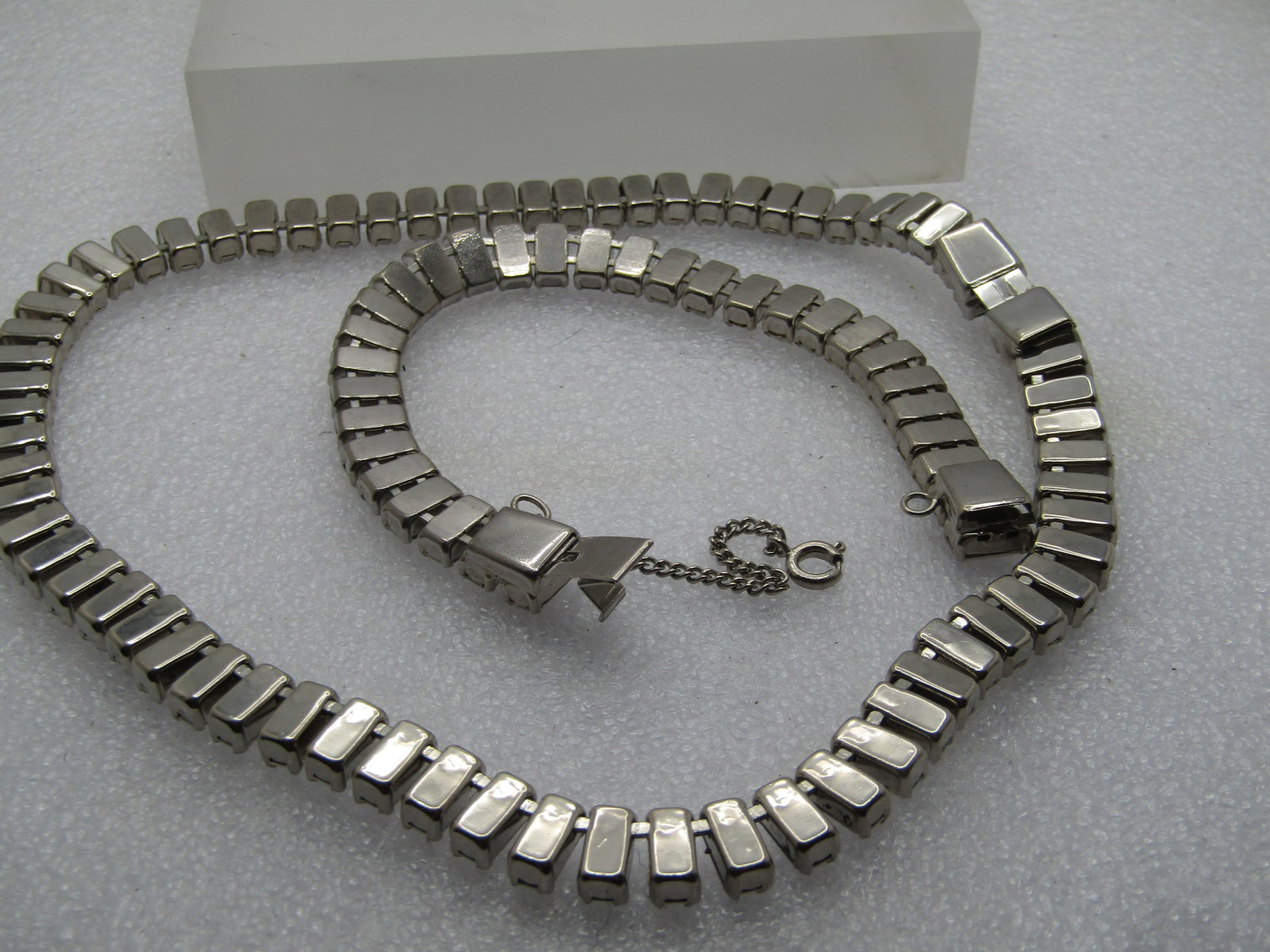 Vintage Clear Baguette Necklace, Bracelet, Earrings Set, 1940's-1960's - 11