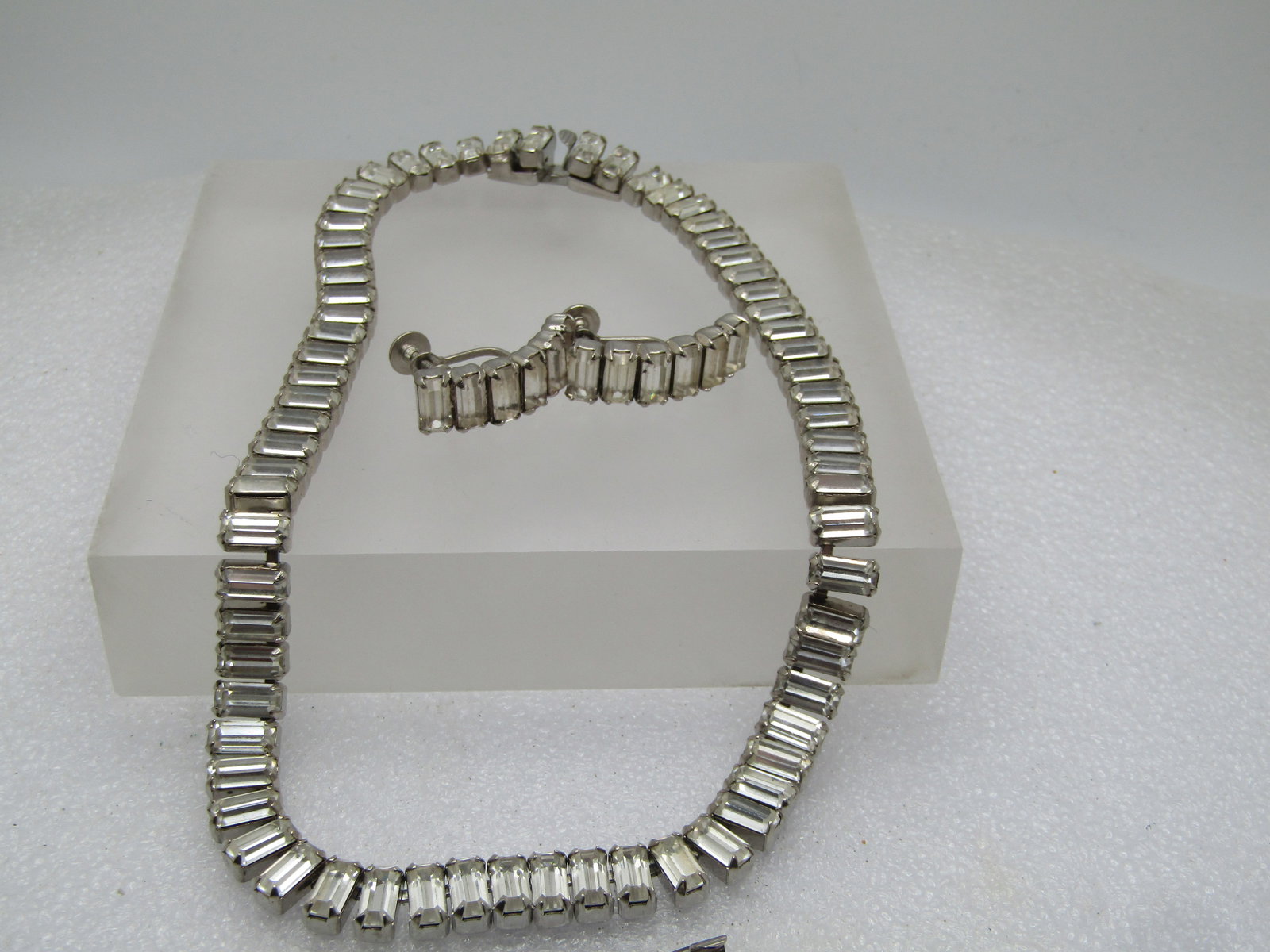Vintage Clear Baguette Necklace, Bracelet, Earrings Set, 1940's-1960's - 6