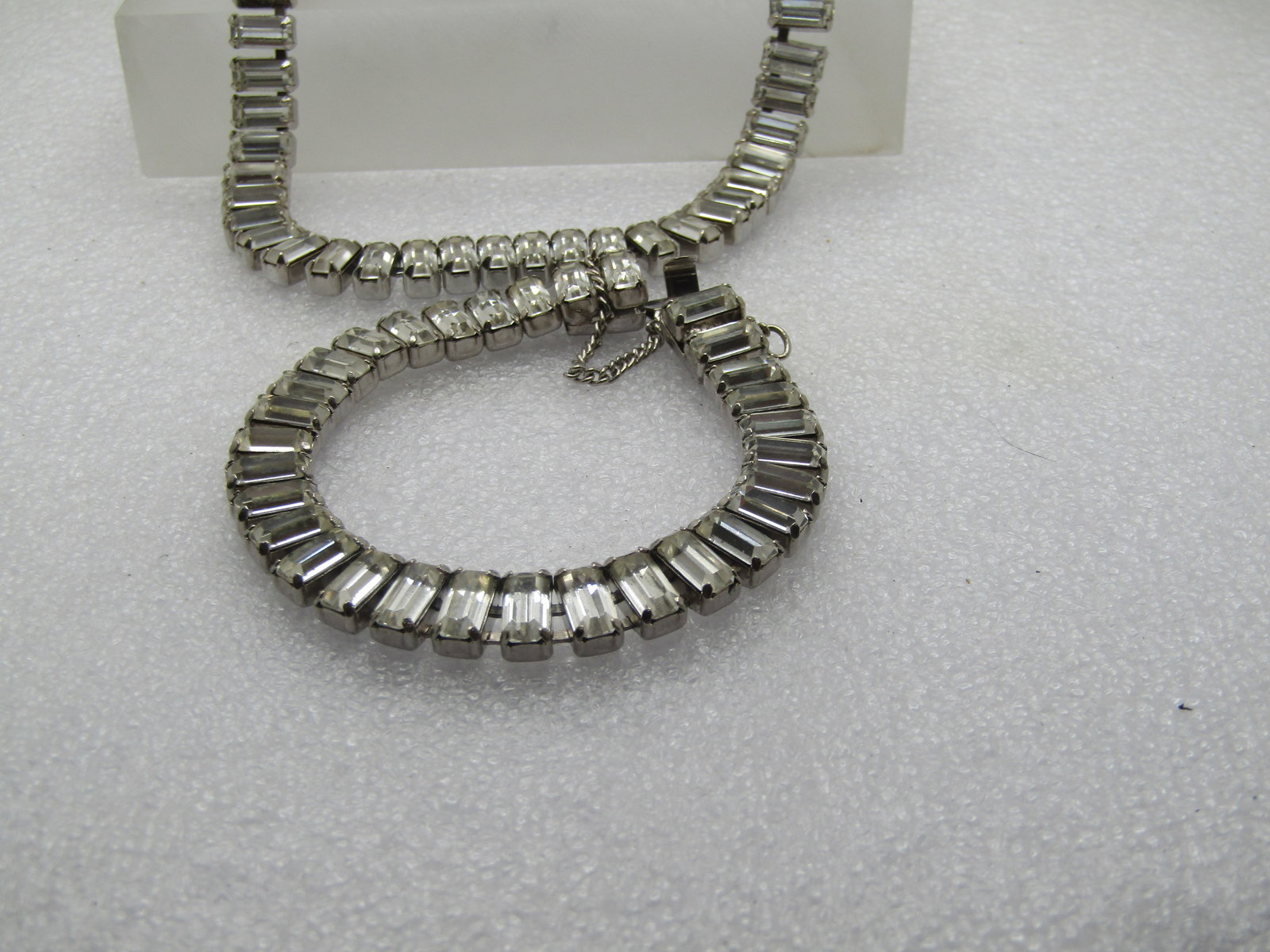 Vintage Clear Baguette Necklace, Bracelet, Earrings Set, 1940's-1960's - 7