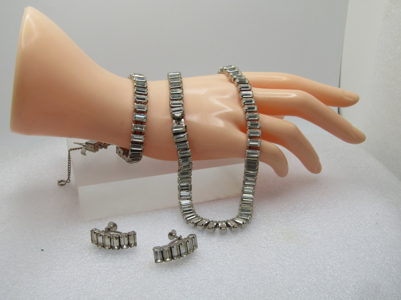 Vintage Clear Baguette Necklace, Bracelet, Earrings Set, 1940's-1960's - 8