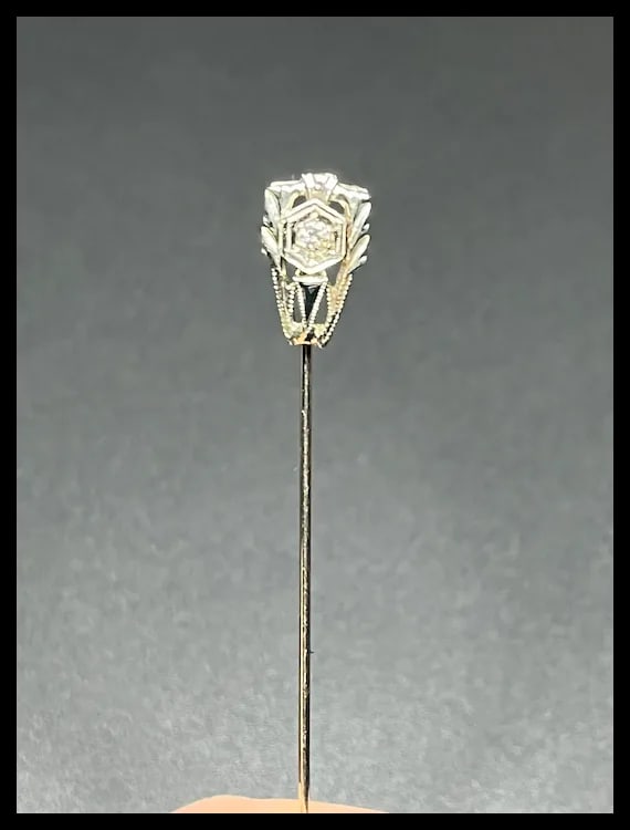 Vintage Diamond & Onyx 14k White Gold Stickpin - 2