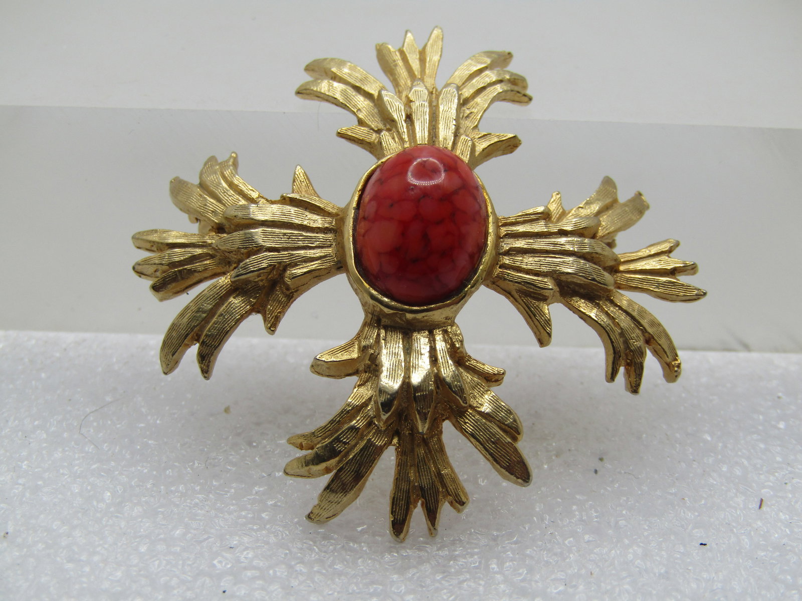 Vintage Maltese Cross Brooch, Orange/Red Glass Stone. 1960's-1970's (1 of 4)