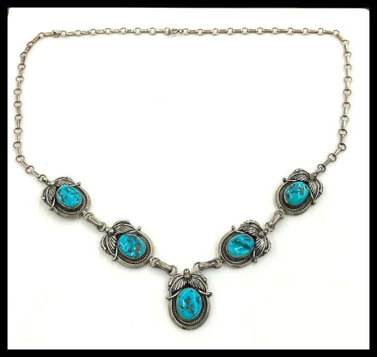 Vintage Signed MP Sterling Silver Native American Navajo Turquoise Necklace- Dated and Signed - 2