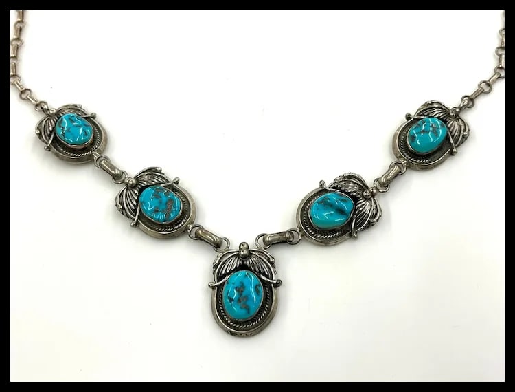 Vintage Signed MP Sterling Silver Native American Navajo Turquoise Necklace- Dated and Signed - 3