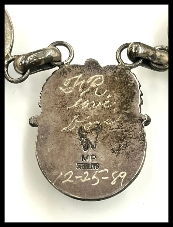 Vintage Signed MP Sterling Silver Native American Navajo Turquoise Necklace- Dated and Signed - 6