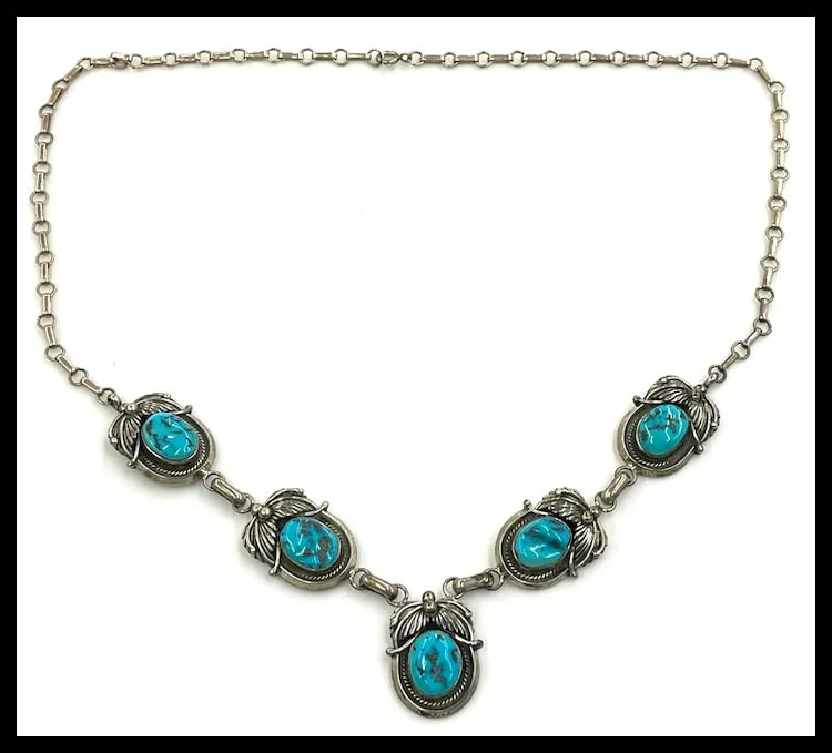 Vintage Signed MP Sterling Silver Native American Navajo Turquoise Necklace- Dated and Signed - 7